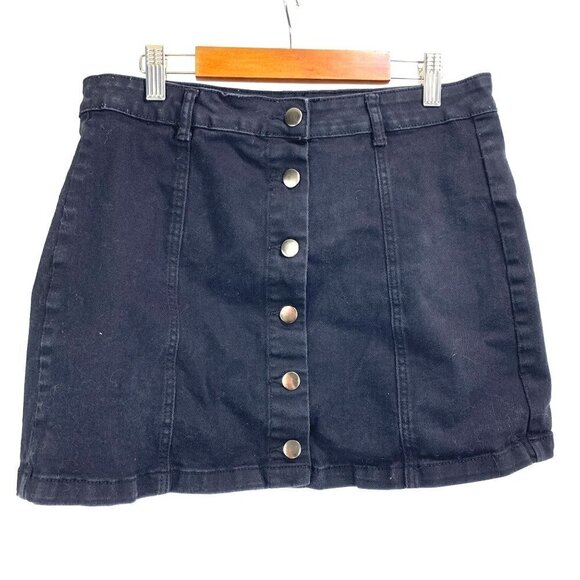 Forever 21 Denim Button Front Mini Skirt Black Cotton Spandex Size 31 Large - Picture 1 of 4